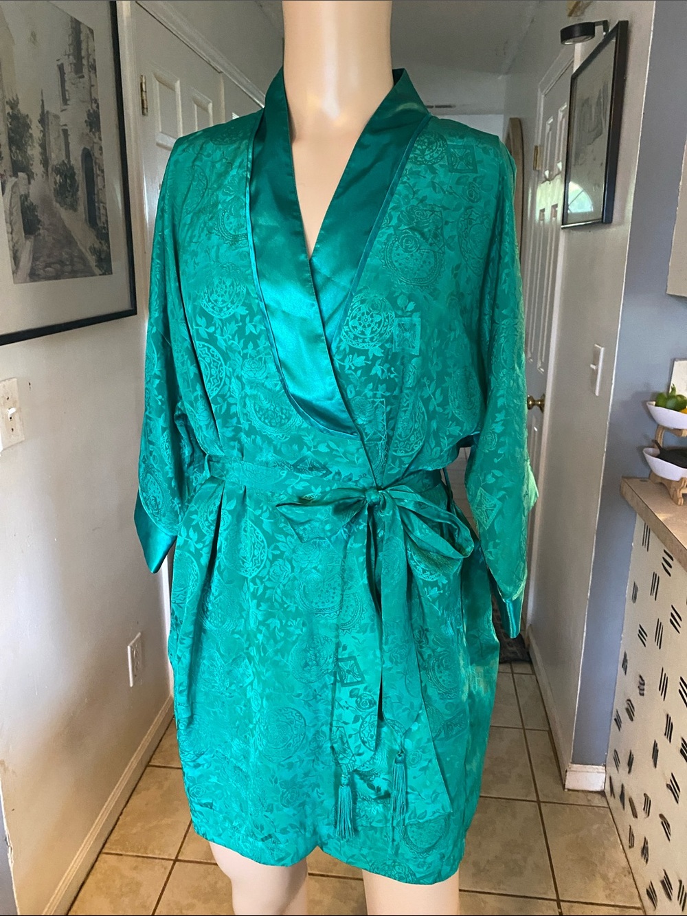 Victoria's Secret vintage green Satin Jacquard Kimono Robe